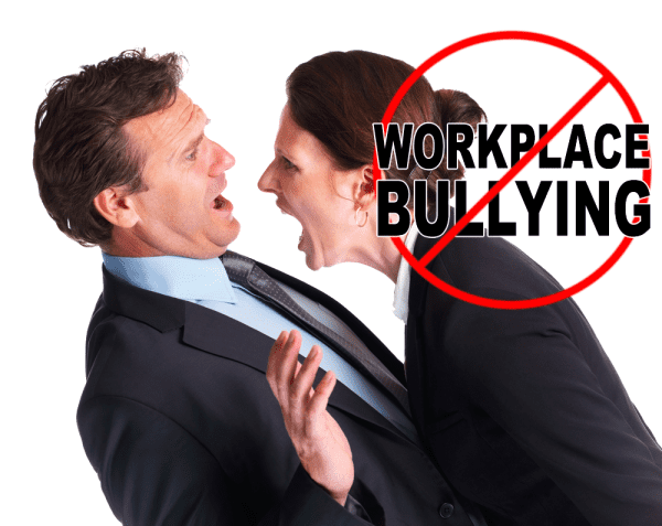 An angry woman screaming at a man in the office, with a sign saying No to Workplace Bullying